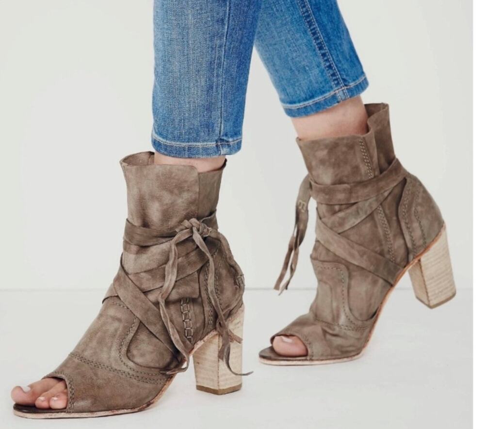 Free People Womens 7 Tan Gray Daydream Slouchy Leather Heel Ankle Boots EU37 NEW